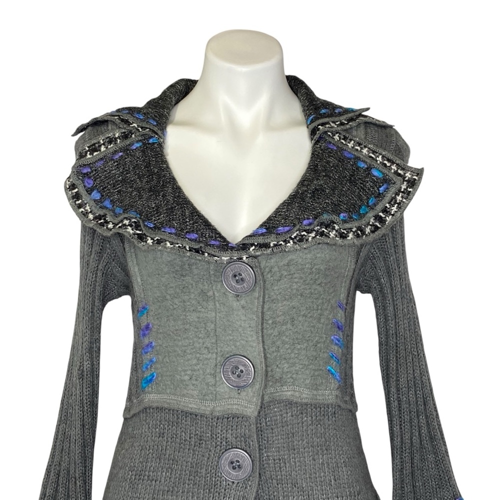 SIONI Long Cardigan Sweater Jacket Buttons Wide Collar Wool Y2K Artsy Medium - Picture 2 of 16